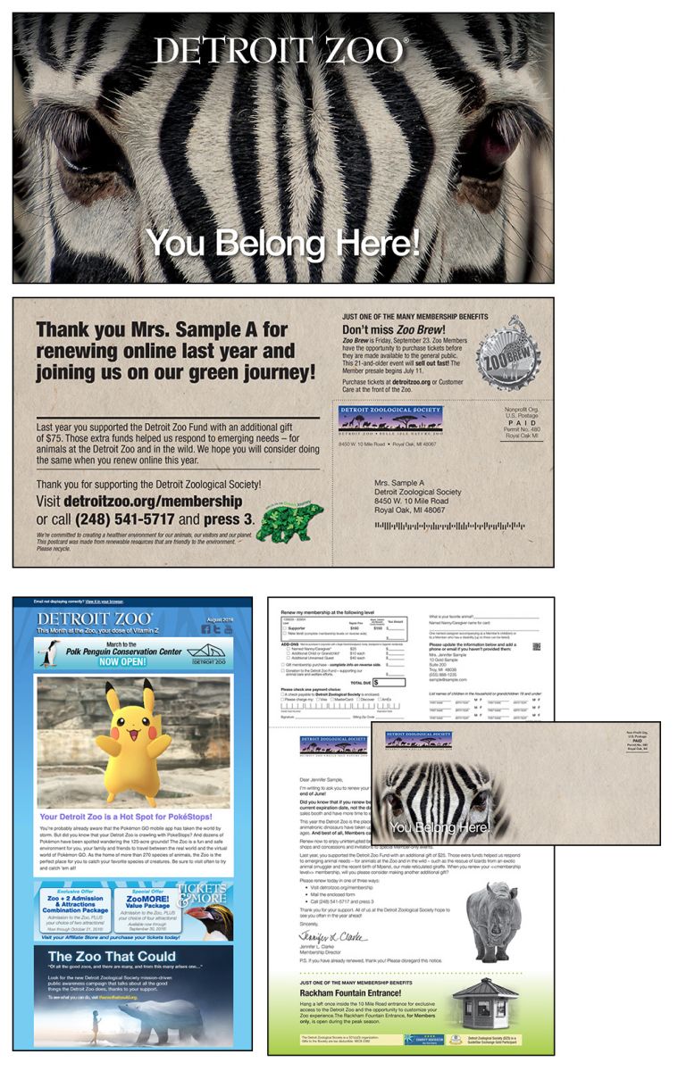 Detroit Zoo Renewal examples for direct mail and email channels