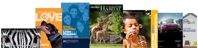 Examples of covers of magazines, brochures and other documents and mailings Phoenix Innovate has created for nonprofit organizations and educational institutions, including the Detroit Zoo, Columbus Humane, Northwood University, COTS and Children's Hospital of Michigan 