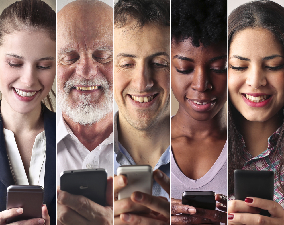 A collage of smiling individuals using cellphones